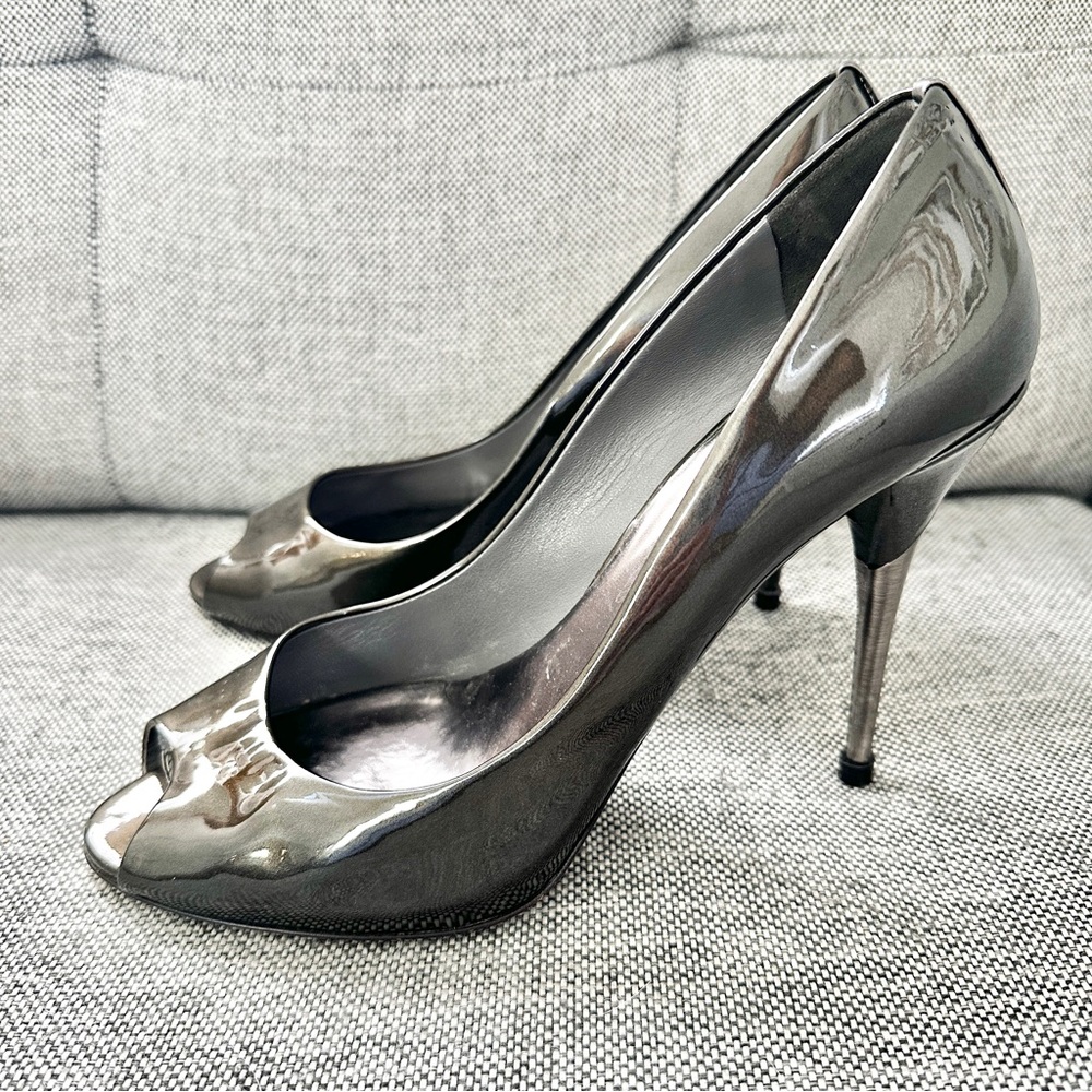 Miu Miu Metallic Gunmetal Peep-Toe High Heels